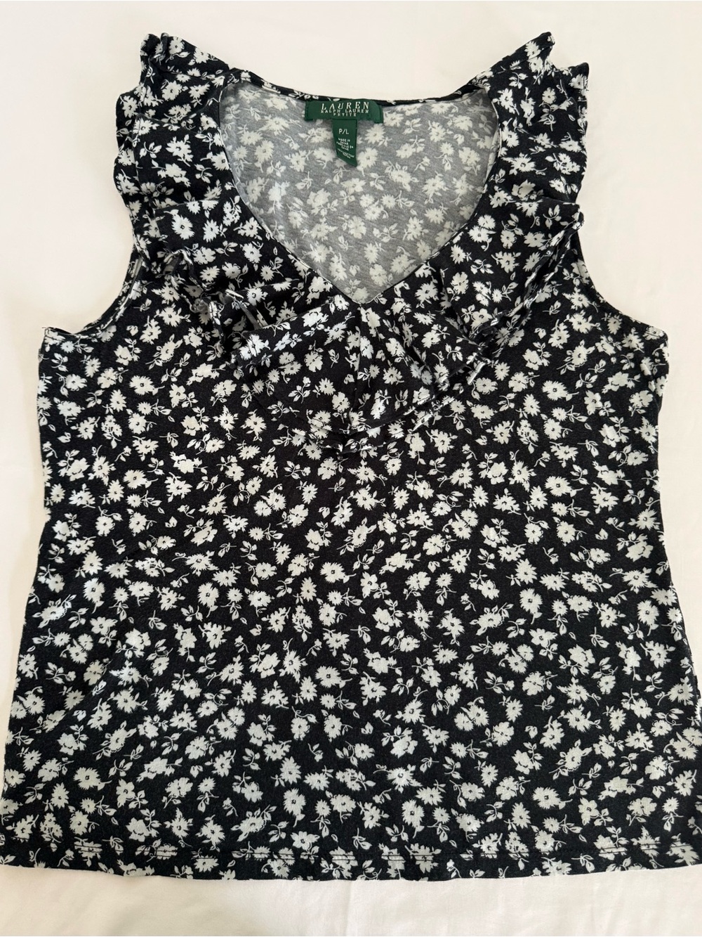 Ralph Lauren Black and White Floral Ruffle V-Neck tops